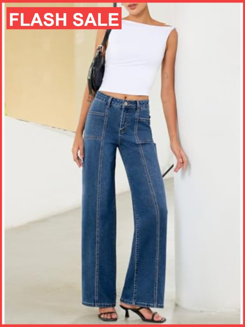 High Waisted Wide Leg Jeans Stretchy Baggy Denim Pants - Picture 5 of 7